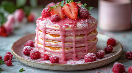 Delicious stack of pink raspberry pancakes topped with fresh strawberries and mintの素材