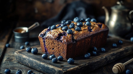 Freshly baked blueberry loaf cake on a cutting board surrounded by blueberries and honey jarの素材