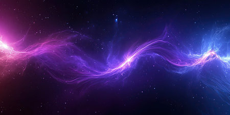 Swirling abstract lines and vibrant waves of cosmic energy create a captivating experience within a dark purple and blue space. The starry glow adds a sense of depth and elegance to the design.の素材