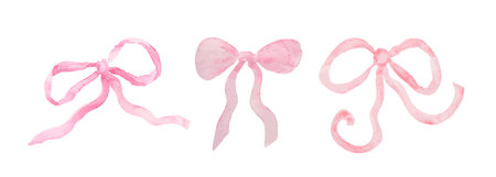 Set of watercolor pink ribbon bow. Hand drawn illustration isolated, white background. Soft pastel colors. Wedding invitation, party decoration, greeting card. Knot symbol.のイラスト素材