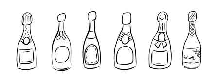 A handdrawn illustration of diverse champagne bottles, perfect for festive themes and celebrationsのイラスト素材