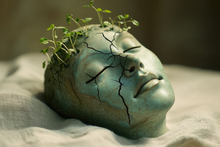 Abstract sculpture features a serene face with visible cracks and green sprouts emerging, symbolizing growth and renewal, set against a soft, neutral background enhancing the artistic expressionの素材