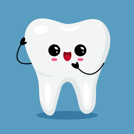 Smiling and waving kawaii tooth on blue backgroundのイラスト素材