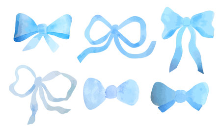 A set of hand painted watercolor blue bows in various shapes, ideal for crafts, cards, and gifts.のイラスト素材