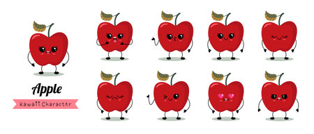 Adorable and Cute Cartoon Red Apple Characters Displaying a Variety of Different Expressionsのイラスト素材