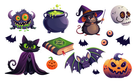 Delightful and whimsical Halloween illustrations featuring a variety of spooky characters and itemsのイラスト素材