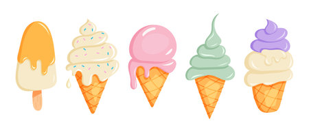 Set of kawaii ice cream cones with different flavorsのイラスト素材