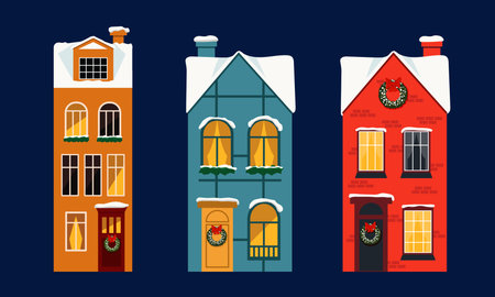 Winter houses set with Christmas decorations and snowのイラスト素材
