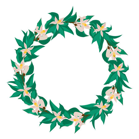 Orange wreath with blooming flowers and green leavesのイラスト素材