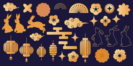 Mid Autumn Festival set with lanterns and rabbitsのイラスト素材