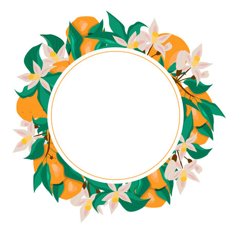 Square Orange Frame with Fruit and Leavesのイラスト素材