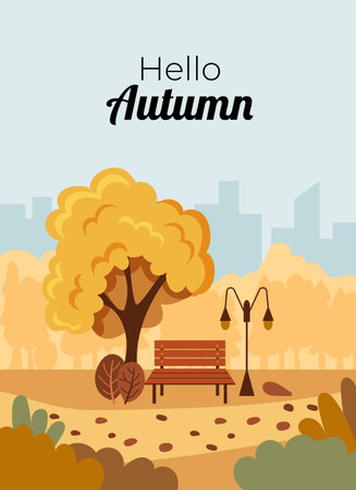 A Charming Autumn Park Scene Featuring a Tree Alongside a Wooden Bench in a Beautiful Settingのイラスト素材