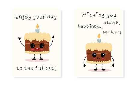 A delightful and cheerful cartoon cake illustration featuring joyful birthday messages celebrating...