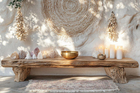 Minimalist meditation corner with wooden bench, crystals, candles and decorative wall art. Calm atmosphere for mindfulness, self care and relaxation practice.の素材