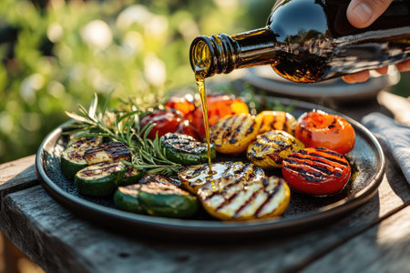 Healthy summer food with grilled vegetables on plate, olive oil pouring and fresh herbs. Natural cooking, vegetarian lifestyle and delicious dining concept.の素材
