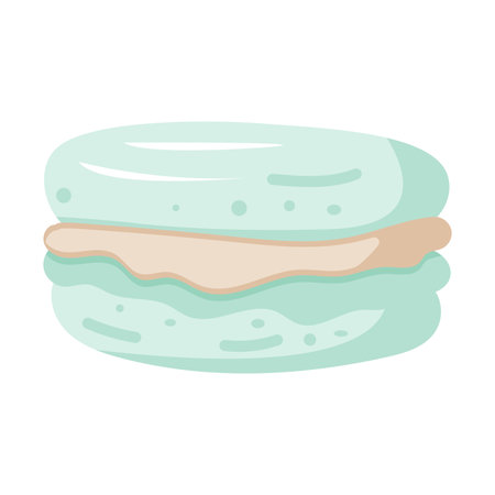 Vector illustration of a pastel green macaron dessert. Sweet and minimal cartoon style design for bakery, posters and confectionery branding.のイラスト素材
