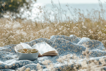 Cozy picnic scene featuring an open book and a bowl of fresh fruits resting on a floral patterned blanket, surrounded by soft grass and wildflowers, creating a tranquil outdoor atmosphereの素材