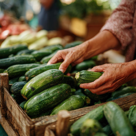 Hand of a woman gently picking fresh zucchinis from a wooden crate at a bustling farmers market, surrounded by a variety of colorful vegetables and the lively atmosphere of the marketの素材