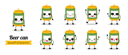 This kawaii beer can character set showcases a variety of playful expressions and vibrant colors, perfect for adding a fun touch to designs, illustrations, and creative projects with a cheerful ambianceのイラスト素材