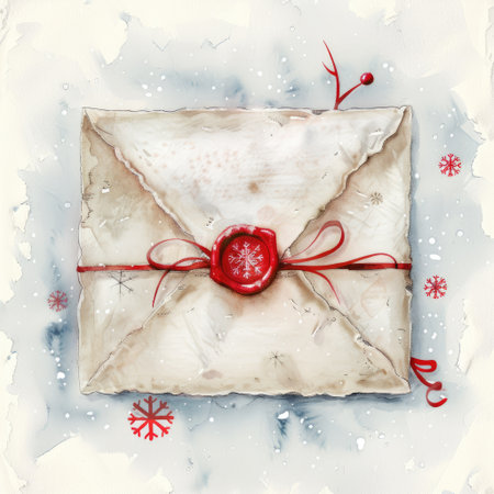 Vintage envelope tied with a red ribbon and sealed with wax, resting on a snowy surface adorned with snowflakes, creating a warm and festive atmosphere for holiday greetingsの素材