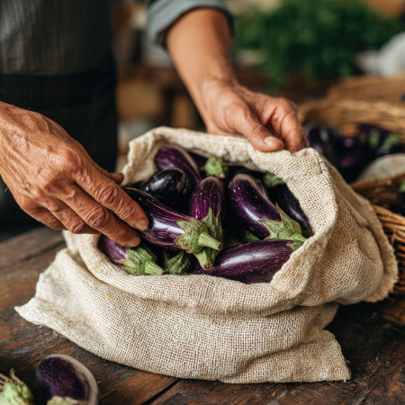 Hands of a person gently holding vibrant eggplants in a burlap sack, placed on a rustic wooden table, surrounded by fresh produce, showing the beauty of farm-to-table ingredientsの素材