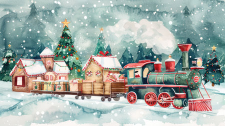 Festive watercolor illustration featuring a vintage train transporting gifts through a snowy village, surrounded by decorated trees and charming houses, creating a joyful holiday atmosphereの素材