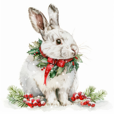 White rabbit adorned with a holly wreath and red bow sits gracefully among winter greenery, showcasing a charming holiday spirit with snowflakes gently falling in the backgroundの素材