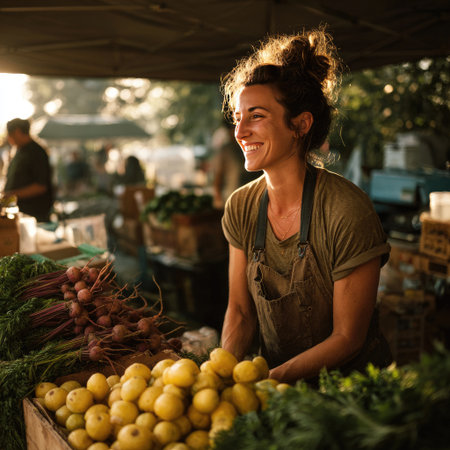 Smiling woman vendor in a gray apron stands behind a colorful display of fresh produce at a bustling farmers market, with sunlight filtering through the trees, creating a warm atmosphereの素材