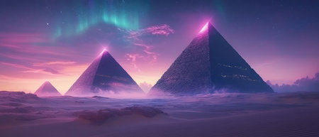 Majestic pyramids stand tall in a surreal desert landscape, illuminated by vibrant auroras in the twilight sky, creating a mystical atmosphere with soft sand dunes surrounding the structuresの素材
