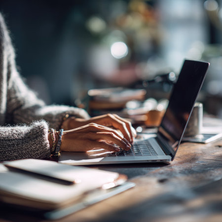 African American woman focused on typing on her laptop at a rustic wooden desk, surrounded by notebooks and a coffee cup, creating a warm and inviting atmosphere for productivityの素材
