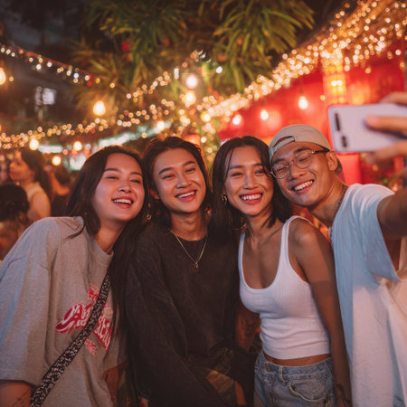 Group of young friends joyfully posing for a selfie at a lively outdoor night market, surrounded by colorful lights and festive decorations, capturing a moment of happiness and friendshipの素材