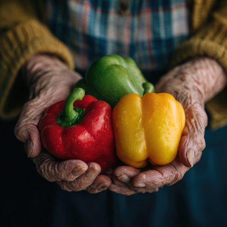 Elderly woman with weathered hands is holding a trio of colorful bell peppers, including red, green, and yellow, emphasizing the freshness and vibrancy of the produce in a warm atmosphereの素材