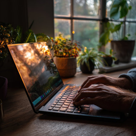Hands typing on a laptop with warm sunlight filtering through a window surrounded by plantsの素材