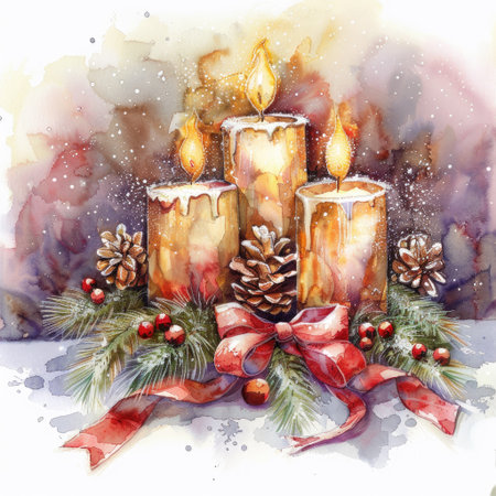 Watercolor illustration of three lit candles surrounded by pinecones and festive decorationsの素材