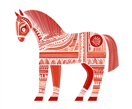 This decorative red horse illustration showcases intricate patterns and artistic design elements, emphasizing creativity and craftsmanship in a vibrant and visually appealing mannerの素材