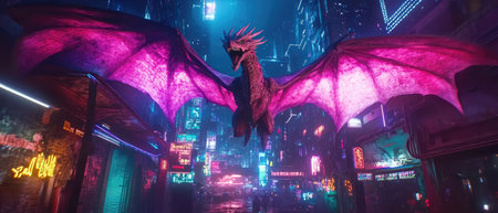 Majestic dragon with large wings is soaring above a neon-lit cityscape at night, surrounded by colorful lights and reflections, creating a captivating and dynamic urban atmosphereの素材