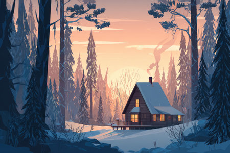 Cozy wooden cabin nestled in a snowy forest, illuminated by warm light from windows, surrounded by tall evergreen trees, creating a serene and tranquil winter atmosphereの素材
