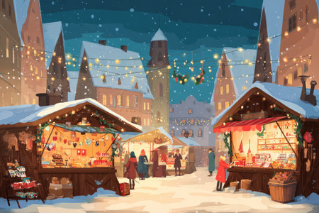 Winter market scene featuring charming wooden stalls adorned with lights, surrounded by snow-covered buildings, creating a cozy atmosphere filled with holiday spirit and seasonal cheerの素材