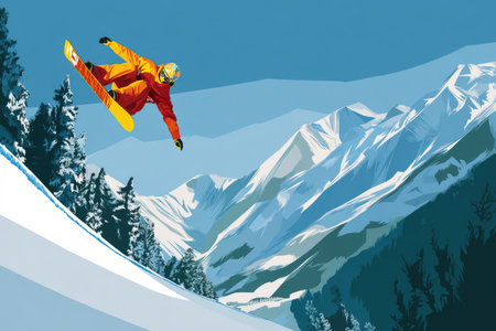 Snowboarder dressed in bright orange gear is captured mid-air executing a trick above snowy slopes, surrounded by majestic mountains and evergreen trees, showcasing winter sports excitementの素材