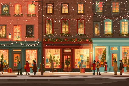 Colorful winter street scene featuring charming shops adorned with festive decorations, people shopping and enjoying the holiday atmosphere, snow gently falling, creating a cozy ambianceの素材
