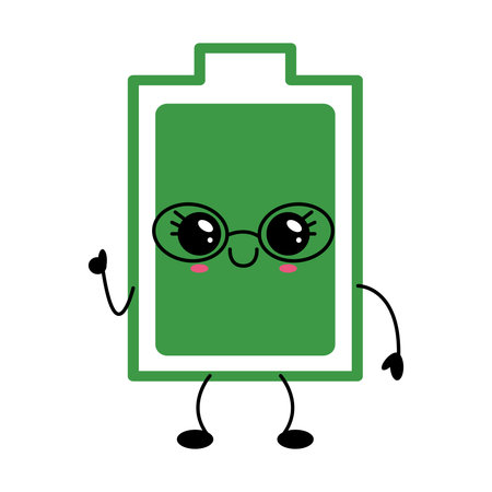 Green charged battery with cute face and round glasses. Clean minimal vector, perfect for energy, charging, tech apps, eco messages, stickers and UI design.のイラスト素材
