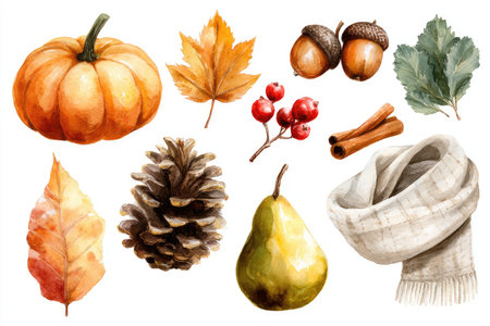Watercolor illustration featuring a variety of autumn elements such as a pumpkin, colorful leaves, acorns, berries, a pinecone, a pear, and a cozy scarf, evoking the essence of fallの素材