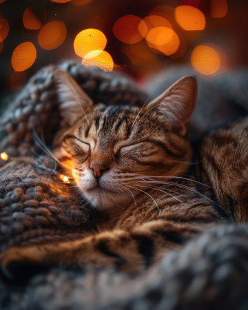 Domestic cat with closed eyes is nestled comfortably in a soft blanket, surrounded by warm bokeh lights creating a serene and cozy atmosphere, showing casing tranquility and relaxationの素材