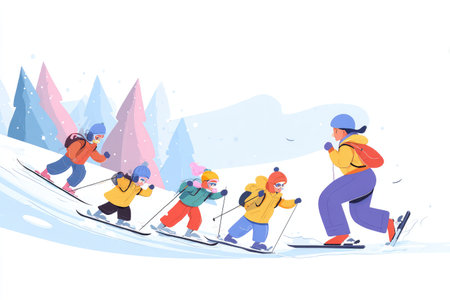 Group of children skiing with an instructor in a snowy landscape, wearing colorful winter gear, enjoying the outdoor activity together, surrounded by snow-covered trees and a bright atmosphereの素材