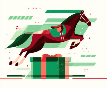 Dynamic horse illustration in vibrant colors, gracefully leaping over a large gift box, surrounded by abstract geometric shapes and patterns, creating a lively and festive atmosphereの素材