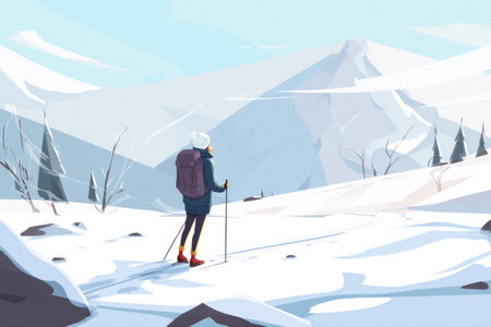 Adventurer wearing winter gear stands on a snowy path, gazing at majestic mountains in the distance, surrounded by frosty trees, capturing the essence of winter exploration and tranquilityの素材
