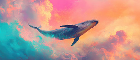 Majestic whale gracefully swims through a vibrant sky filled with colorful clouds, creating a surreal atmosphere that blends marine life with dreamlike elements of nature and fantasyの素材