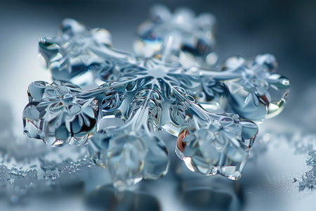 Intricate crystal snowflake design showcases detailed patterns and textures, glistening on a frosty surface, creating a serene winter atmosphere with a cool blue background enhancing its beautyの素材