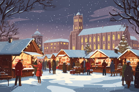 Winter market scene featuring festive stalls adorned with lights, snow gently falling, and people engaging in holiday shopping, creating a warm and joyful atmosphere during the seasonの素材