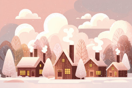 Cozy winter village scene featuring charming snow-covered houses and trees, surrounded by a serene pastel landscape, evoking a warm and inviting atmosphere during the snowy seasonの素材